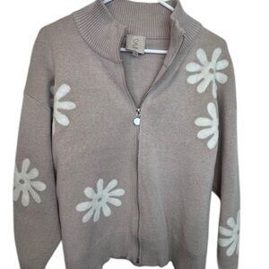 Sioni Full Zip cardigan Tan and Ivory Floral Size L